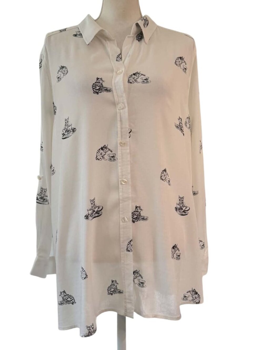 Jane & Delancey Whimsical Cats in Tea Cups Button Down Shirt